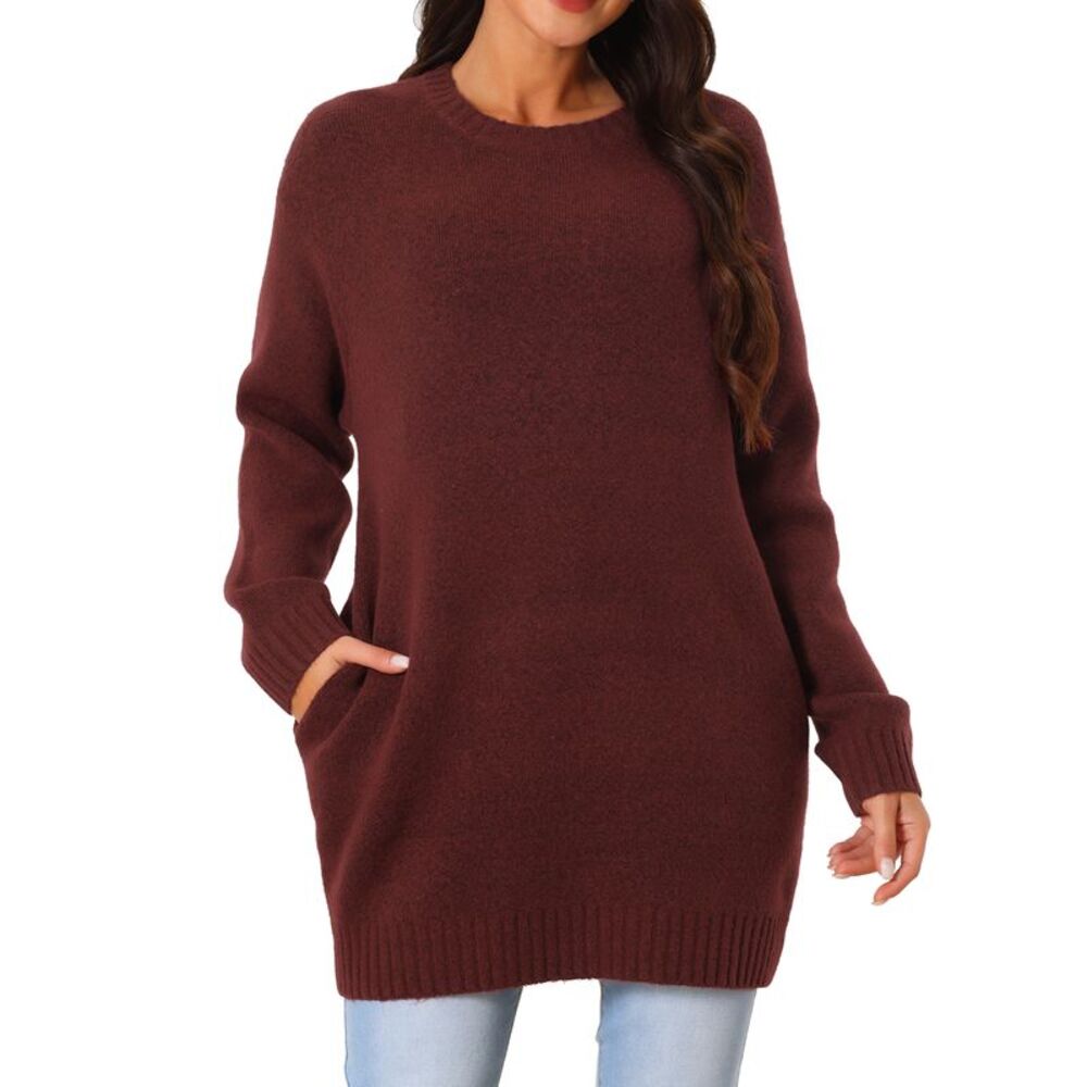 Crewneck Long Sleeve Oversized Loose Chunky Warm Pullover Sweater Top Wine Red